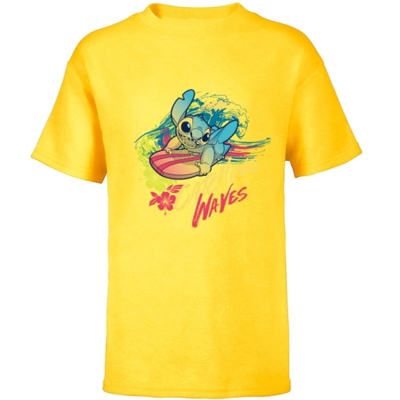Disney Lilo & Stitch Beach Vibes Surfing Catching Waves - Short Sleeve T-Shirt for Kids - Customized-Yellow