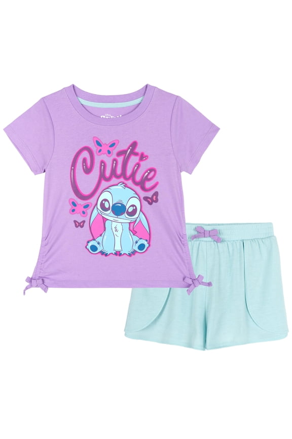 Disney Lilo & Stitch Big Girls' Short Sleeve Graphic T-Shirt and Bubble Shorts Set Light Purple/Light Blue Stitch