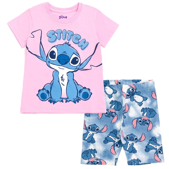 Disney Lilo & Stitch Big Girls' Short Sleeve Graphic T-Shirt and Bike Shorts 2-Piece Outfit Set Pink and Blue Watercolor Stitch
