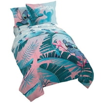 Disney Lilo & Stitch Blue/Pink Tropical Flowers 5 Piece Twin Bed Set, 100% Microfiber