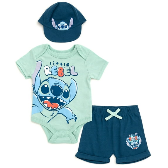 Disney Lilo & Stitch Bodysuit, Shorts and Baseball Cap 3 Piece Outfit Set Newborn to Infant