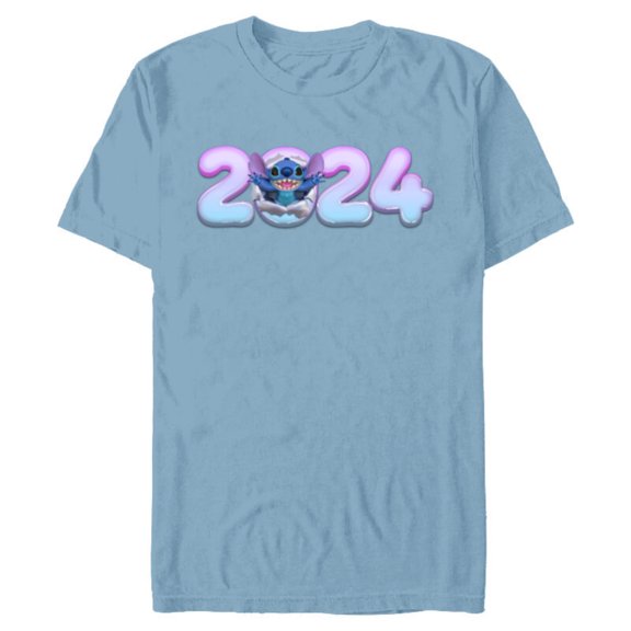 Disney Lilo & Stitch Bursting Through Happy New Year 2024 - Short Sleeve Blended T-Shirt for Adults - Customized-Ocean Blue