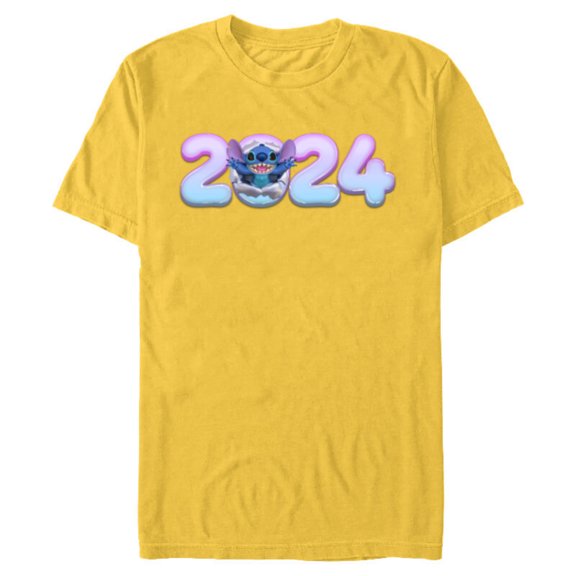 Disney Lilo & Stitch Bursting Through Happy New Year 2024 - Short Sleeve Blended T-Shirt for Adults - Customized-Yellow