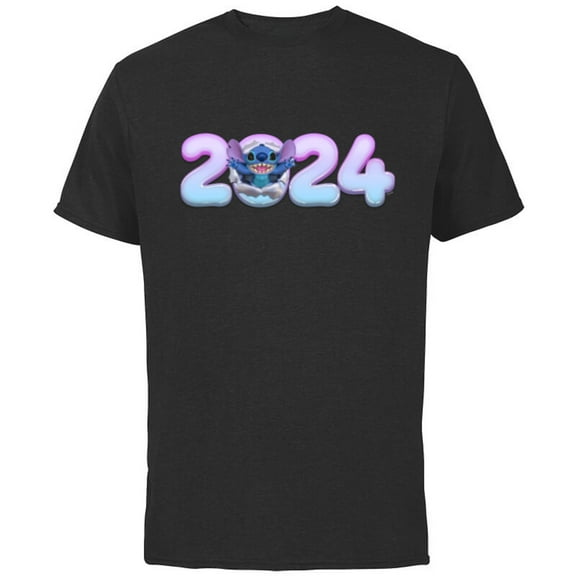 Disney Lilo & Stitch Bursting Through Happy New Year 2024 - Short Sleeve Cotton T-Shirt for Adults - Customized-Black