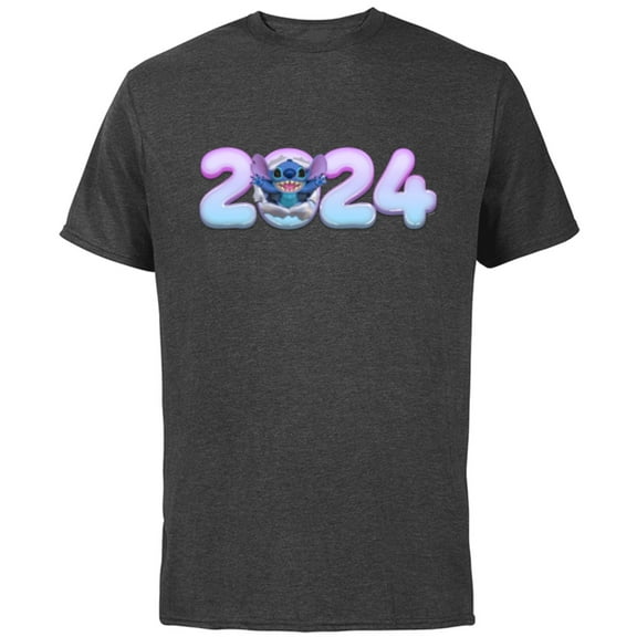 Disney Lilo & Stitch Bursting Through Happy New Year 2024 - Short Sleeve Cotton T-Shirt for Adults - Customized-Charcoal