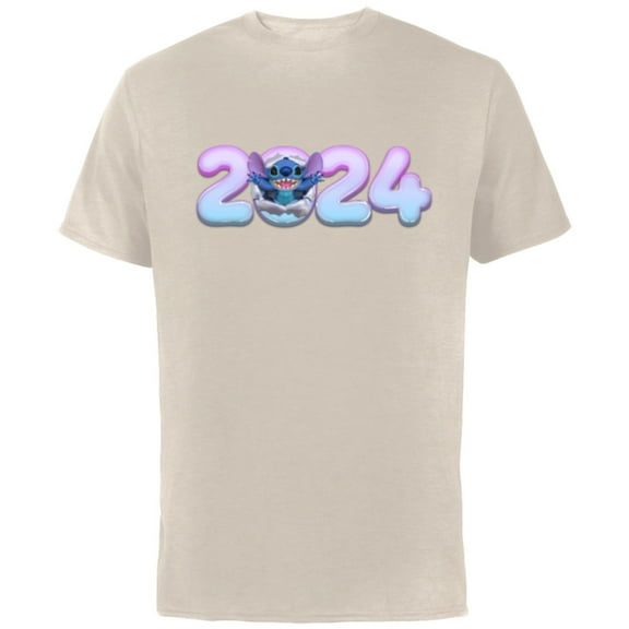 Disney Lilo & Stitch Bursting Through Happy New Year 2024 - Short Sleeve Cotton T-Shirt for Adults - Customized-Natural
