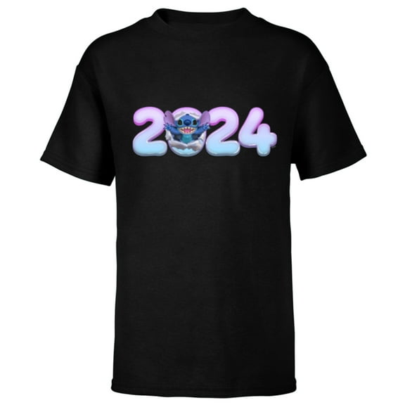 Disney Lilo & Stitch Bursting Through Happy New Year 2024 - Short Sleeve T-Shirt for Kids - Customized-Black