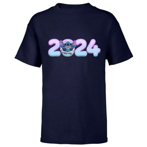 Disney Lilo & Stitch Bursting Through Happy New Year 2024 - Short Sleeve T-Shirt for Kids - Customized-Navy