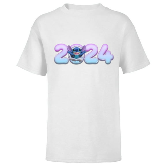 Disney Lilo & Stitch Bursting Through Happy New Year 2024 - Short Sleeve T-Shirt for Kids - Customized-White