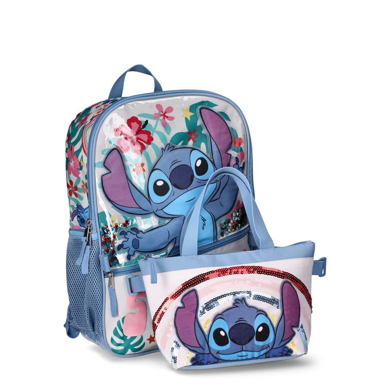 Disney Lilo & Stitch Girls 4 Piece Backpack Set, Flip Sequin 16 School Bag  with Front Zip Pocket, Blue
