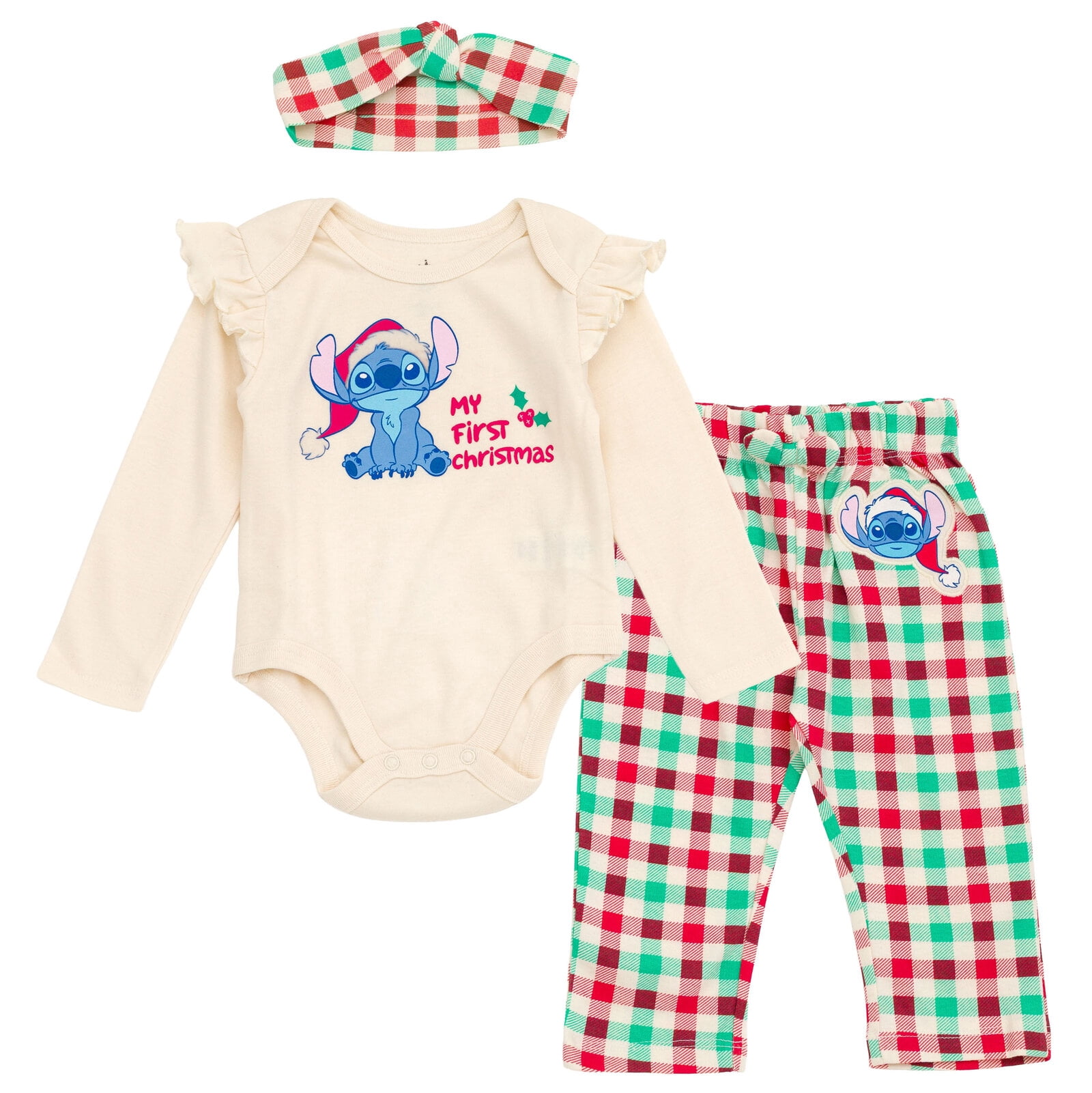 Lilo & Stitch Christmas Bodysuit, Pants and Headband 3 Piece Outfit Set Gingham Newborn to Infant