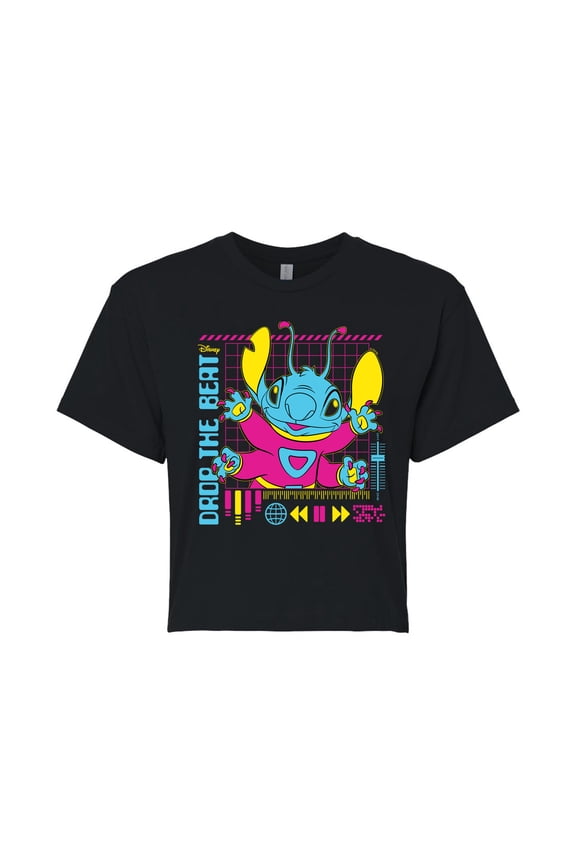 - Lilo & Stitch - Drop The Beat - Juniors Cropped Cotton Blend T-Shirt