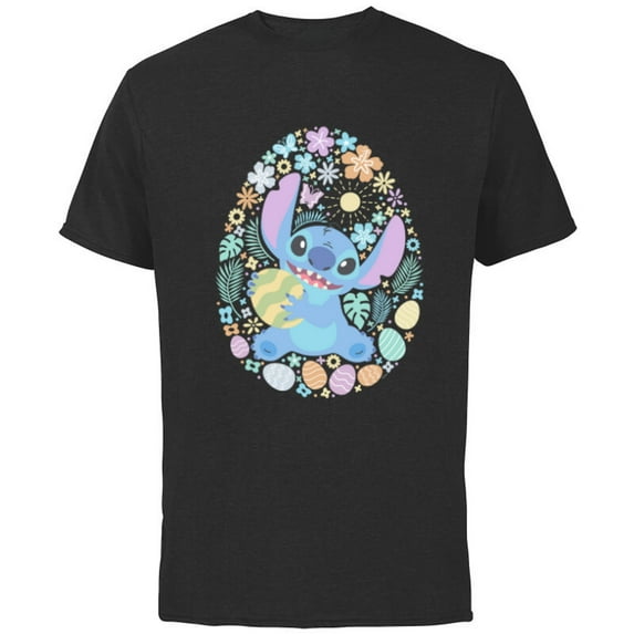 Disney Lilo & Stitch Easter Egg Flowers Spring Pastel Colors - Short Sleeve Cotton T-Shirt for Adults - Customized-Black