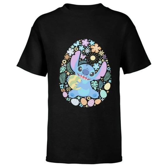 Disney Lilo & Stitch Easter Egg Flowers Spring Pastel Colors - Short Sleeve T-Shirt for Kids - Customized-Black