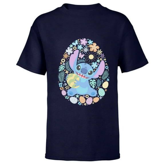 Disney Lilo & Stitch Easter Egg Flowers Spring Pastel Colors - Short Sleeve T-Shirt for Kids - Customized-Navy
