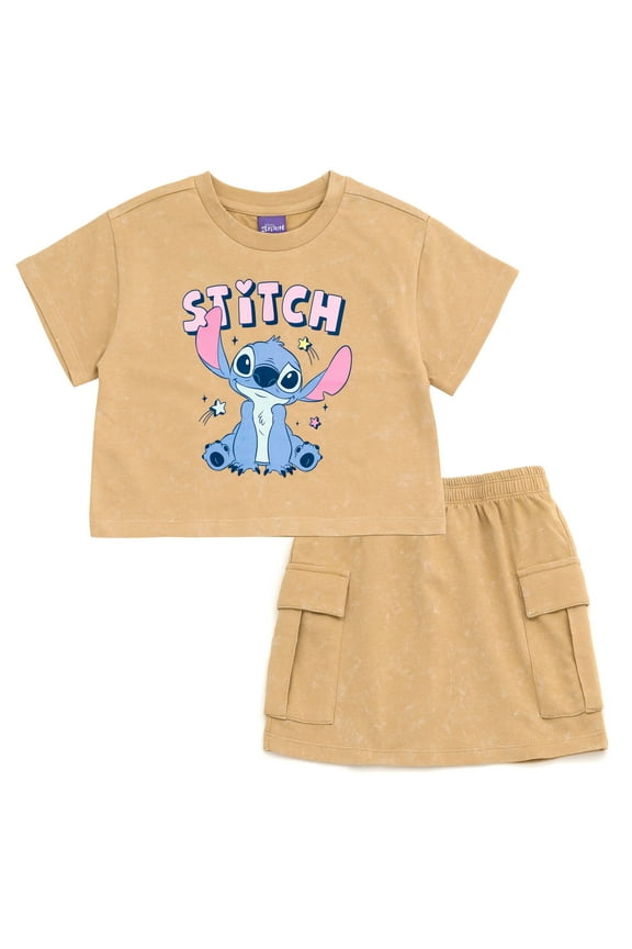 Lilo & Stitch French Terry Cropped Drop Shoulder T-Shirt and Skirt Outfit Set Toddler to Big Kid