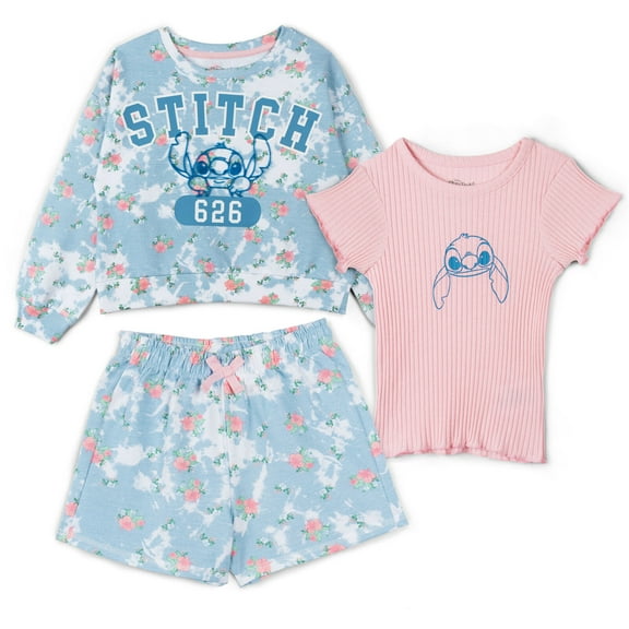 Disney Lilo & Stitch French Terry Drop Shoulder Pullover Sweatshirt, T-Shirt and Shorts 3 Piece Outfit Set Tie Dye Toddler to Big Kid