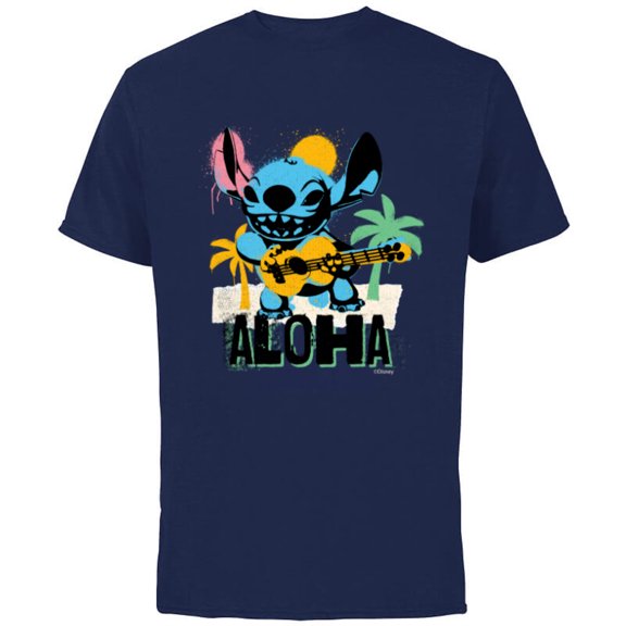 Disney Lilo & Stitch Galactic Grunge Aloha Stitch - Short Sleeve Cotton T-Shirt for Adults - Customized-Navy