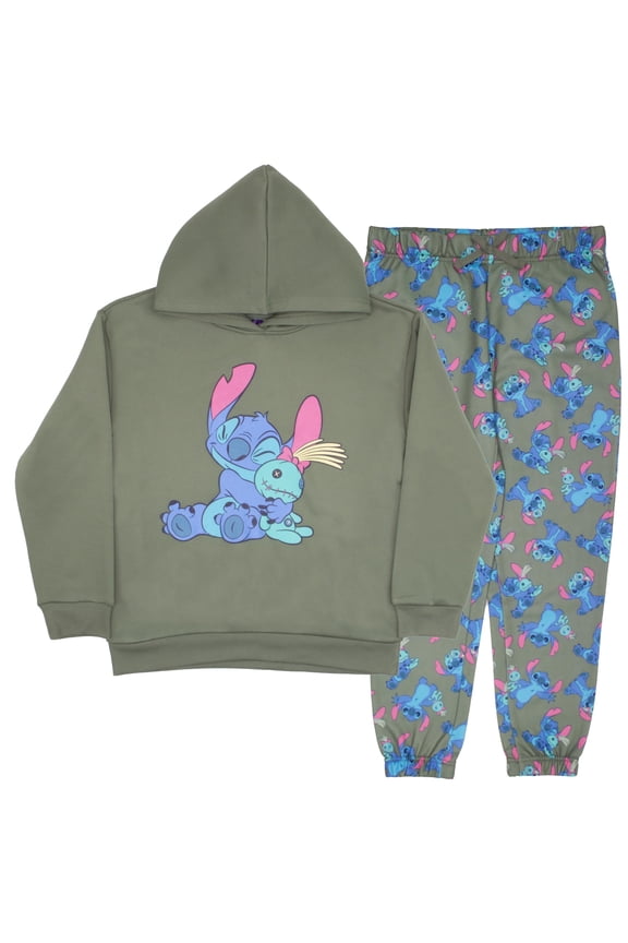 Lilo & Stitch Girl's 2-Piece Fleece Set - Stitch and Scrump Hooded Sweatshirt and Joggers Bundle for Kids (Sizes 7-14)