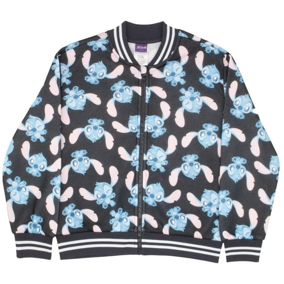 Disney Lilo & Stitch Girl's Zip-Up Varsity Bomber Jacket - Casual Lightweight Coat with Stitch Graphic Print for Kids (Size 7-16)