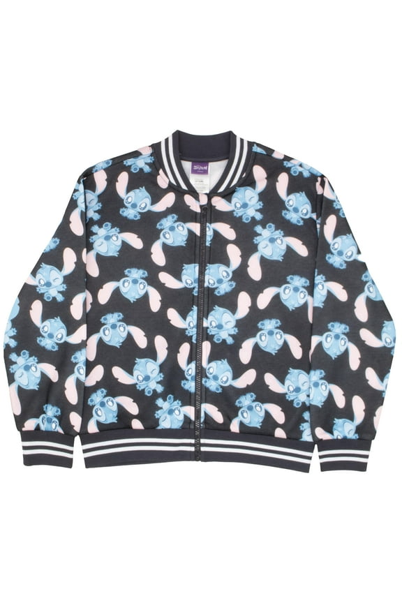 Lilo & Stitch Girl's Zip-Up Varsity Bomber Jacket - Casual Lightweight Coat with Stitch Graphic Print for Kids (Size 7-16)