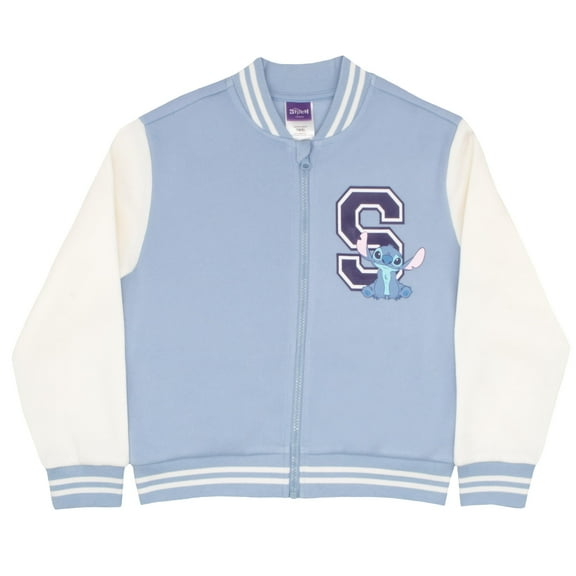 Disney Lilo & Stitch Girl's Zip-Up Varsity Bomber Jacket - Casual Lightweight Coat with Stitch Graphic Print for Kids (Sizes 7-16)