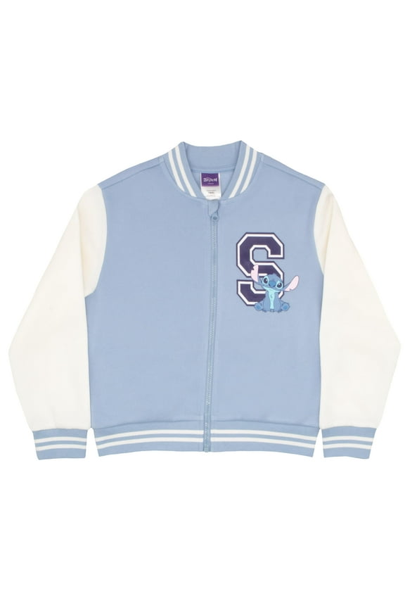 Lilo & Stitch Girl's Zip-Up Varsity Bomber Jacket - Casual Lightweight Coat with Stitch Graphic Print for Kids (Sizes 7-16)