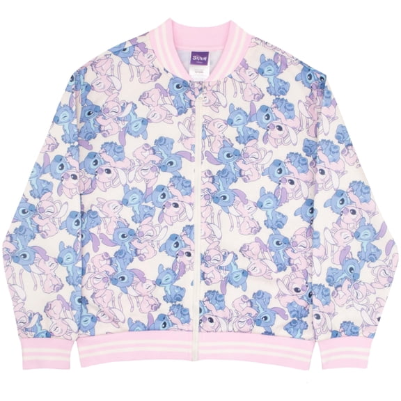 Disney Lilo & Stitch Girl's Zip-Up Varsity Bomber Jacket - Casual Lightweight Coat with Stitch Graphic Print for Kids (Size 7-16)