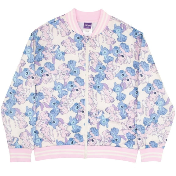 Disney Lilo & Stitch Girl's Zip-Up Varsity Bomber Jacket - Casual Lightweight Coat with Stitch Graphic Print for Kids (Size 7-16)