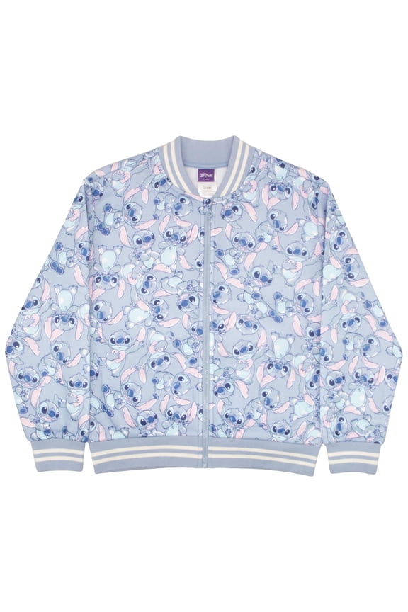 Lilo & Stitch Girl's Zip-Up Varsity Bomber Jacket - Casual Lightweight Coat with Stitch Graphic Print for Kids (Size 7-16)