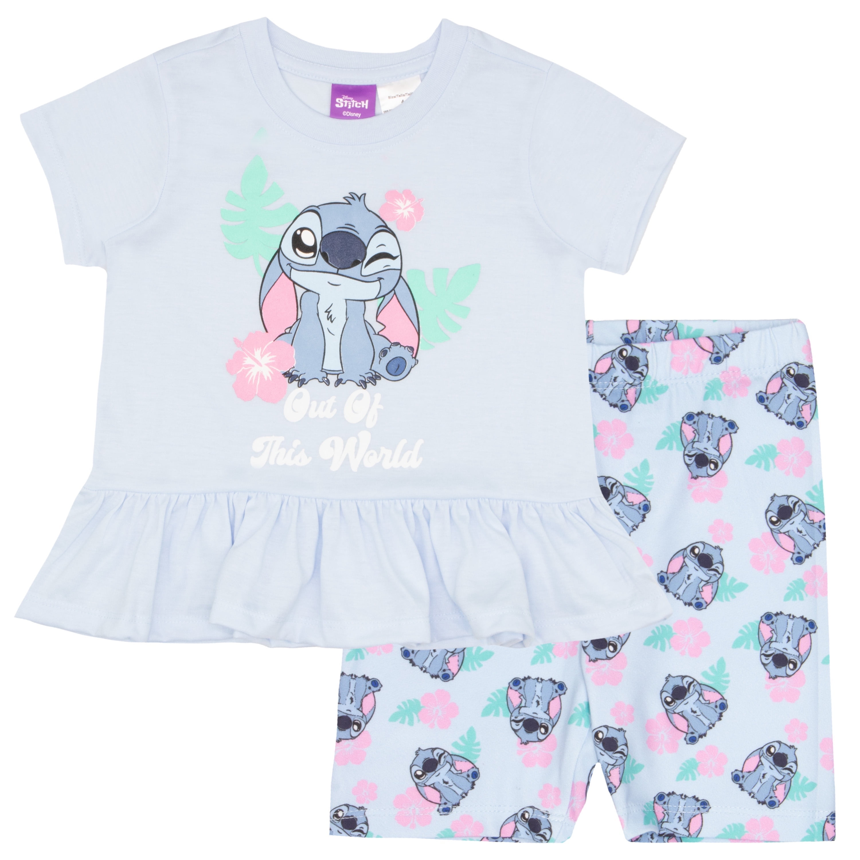 Disney Lilo & Stitch Girls 2-Piece Set - Ruffle Hem Short Sleeve Graphic Print T-Shirt and Biker Shorts - Summer Outfit for Kids and Toddlers (Sizes 2T-6X)