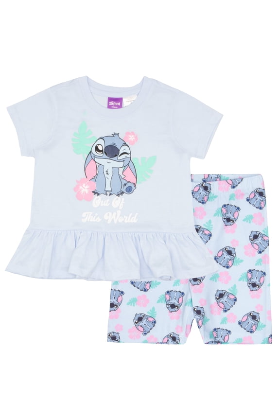 Lilo & Stitch Girls 2-Piece Set - Ruffle Hem Short Sleeve Graphic Print T-Shirt and Biker Shorts - Summer Outfit for Kids and Toddlers (Sizes 2T-6X)