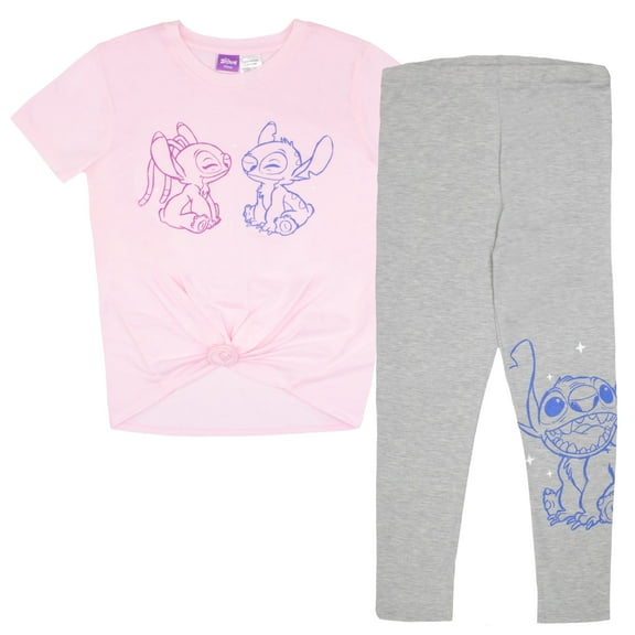 Disney Lilo & Stitch Girls 2-Piece Set - Short Sleeve Stitch and Angel Graphic Print Tie Front T-Shirt and Leggings 2-Pack Bundle for Kids (Sizes 7-12)