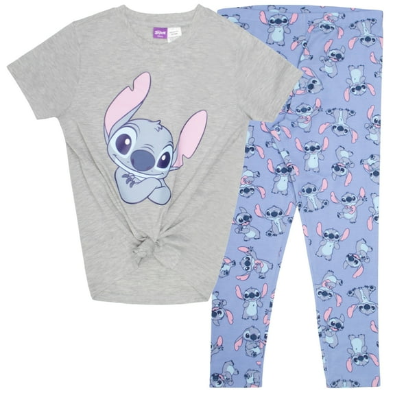 Disney Lilo & Stitch Girls 2-Piece Set - Short Sleeve Stitch with Folded Arms Graphic Print Tie Front T-Shirt and Leggings 2-Pack Bundle for Kids (Sizes 7-14)