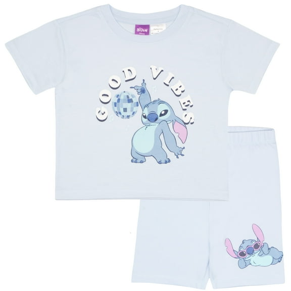 Disney Lilo & Stitch Girls 2-Piece Set - Stitch Good Vibes Graphic Print T-Shirt and Biker Shorts - Summer Outfits for Kids (SizeS 2T-6X)