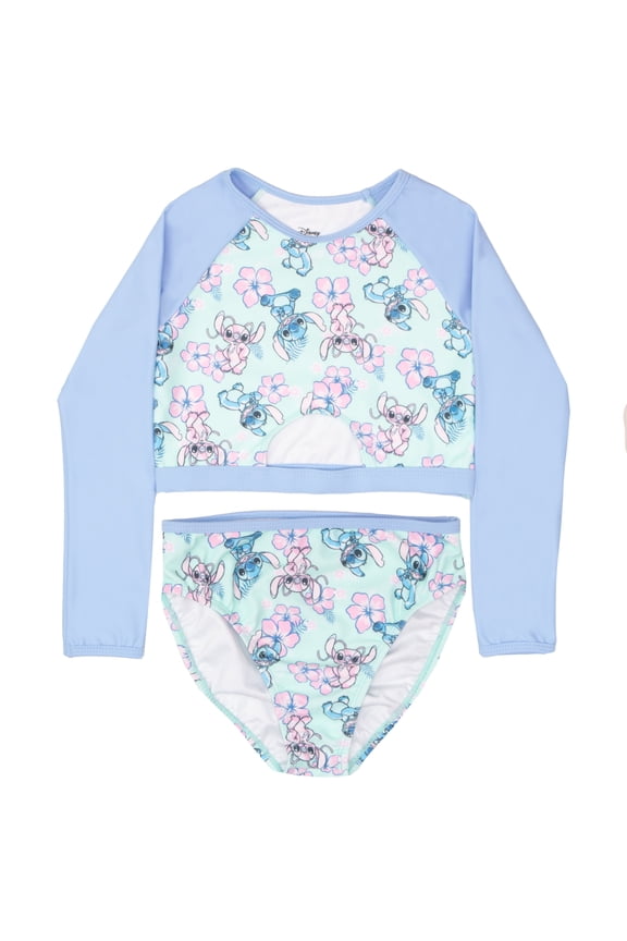 Lilo & Stitch Girls 2-Piece Swimsuit Set, Long-Sleeved Rash Guard and Bikini Bottoms with Stitch and Angel Graphic Design, Quick-Drying Swimwear for Kids (Size 4-16)