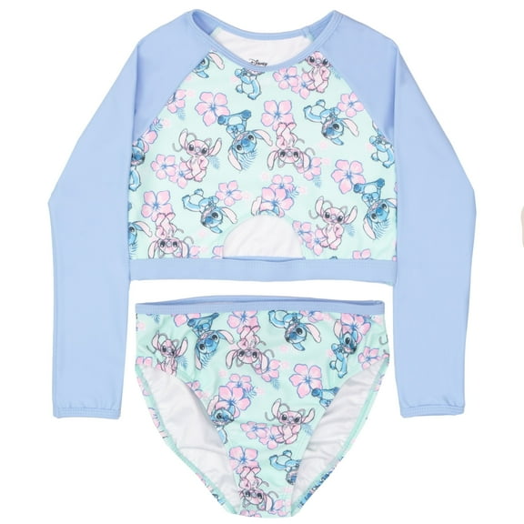 Disney Lilo & Stitch Girls' Rash Guard & Bikini Bottoms Set with Stitch & Angel Print, Sizes 4-16