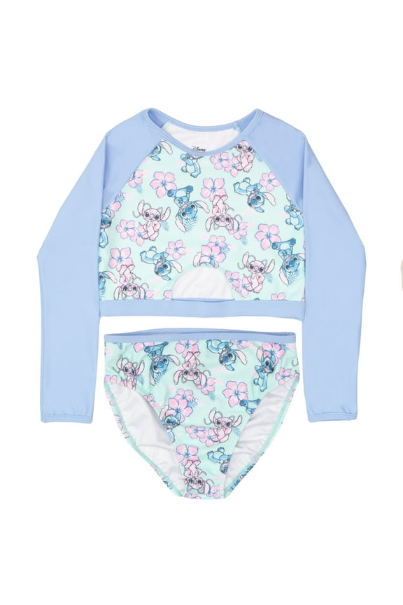 Lilo & Stitch Girls' Rash Guard & Bikini Bottoms Set with Stitch & Angel Print, Sizes 4-16