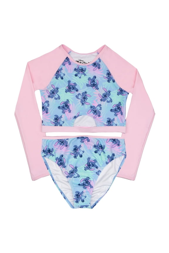 Lilo & Stitch Girls' 2-Piece Swimsuit, Long-Sleeved Rash Guard & Bikini Bottoms, Sizes 2T-6X