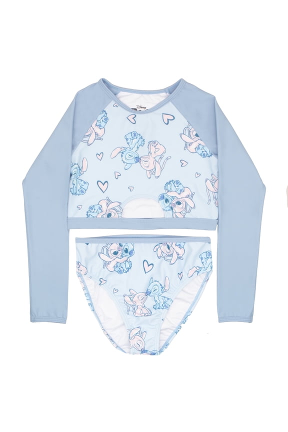 Lilo & Stitch Girls 2-Piece Swimsuit Set, Long-Sleeved Rash Guard and Bikini Bottoms, Quick-Drying Swimwear for Kids (Size 4-16)