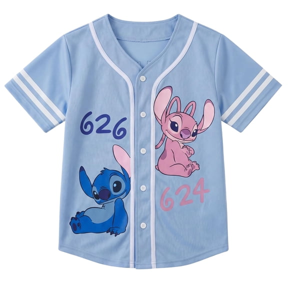 Disney Lilo & Stitch Girls Baseball Jersey Shirt Button Down Kids Tee Stitch Angel Sizes 4-16
