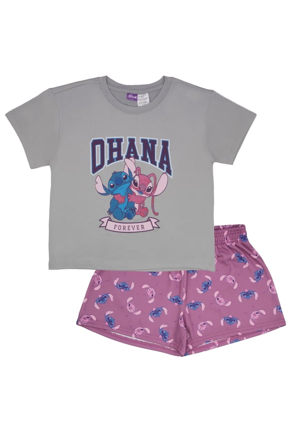 Lilo & Stitch Girls Boxy Graphic T-Shirt and Short Set - Stitch and Angel Ohana Forever - Lightweight Summer Outfit for Kids (Sizes 7-14)
