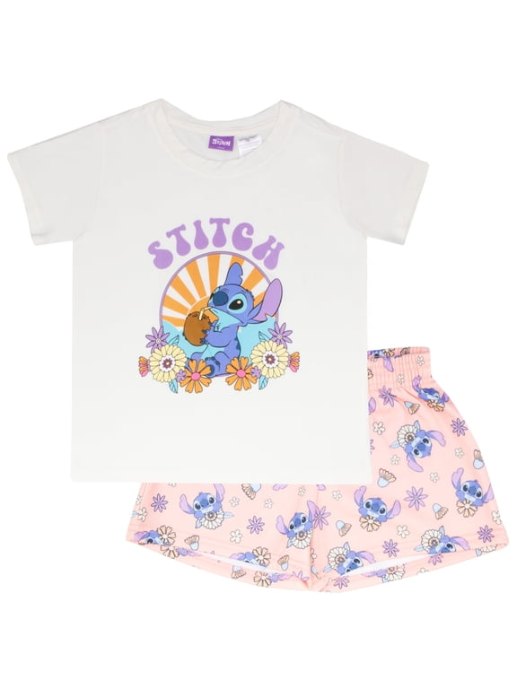 Lilo & Stitch Girls Boxy Graphic T-Shirt and Short Set - Stitch in the Sun - Lightweight Summer Outfit for Kids (Sizes 4-6X)