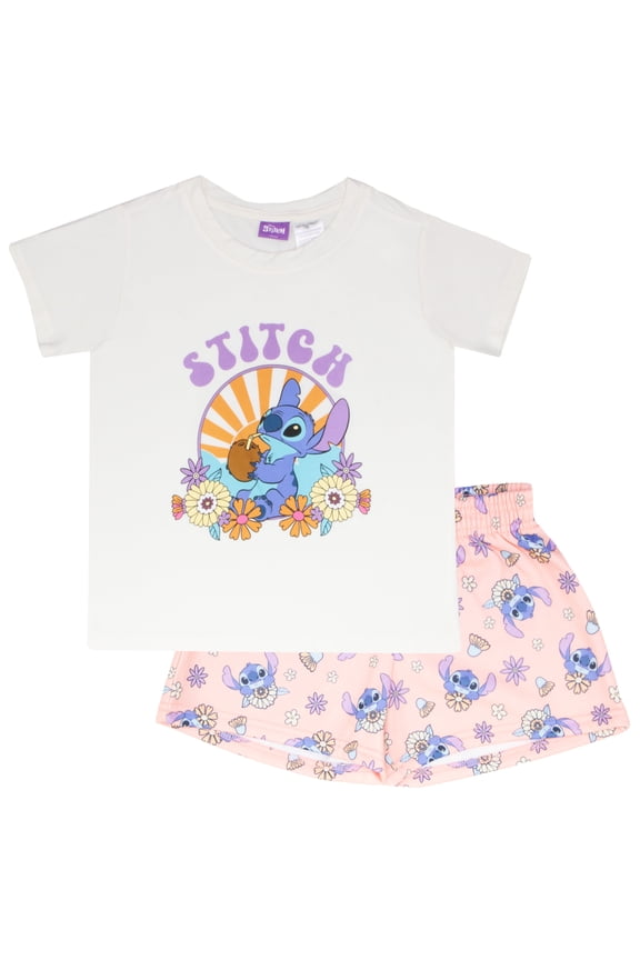 Lilo & Stitch Girls Boxy Graphic T-Shirt and Short Set - Stitch in the Sun - Lightweight Summer Outfit for Kids (Sizes 4-6X)