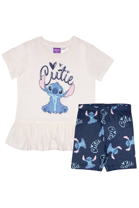 Lilo & Stitch Girls Cutie 2-Piece Ruffle Hem Short Sleeve T-Shirt and Biker Shorts Set for Kids (Sizes 4-6X)