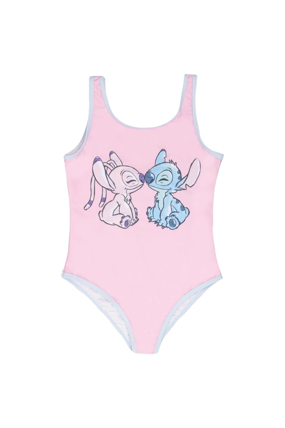 Lilo & Stitch Girls' Quick-Drying One-Piece Swimsuit with Stitch & Angel Graphic, Sizes 4-16