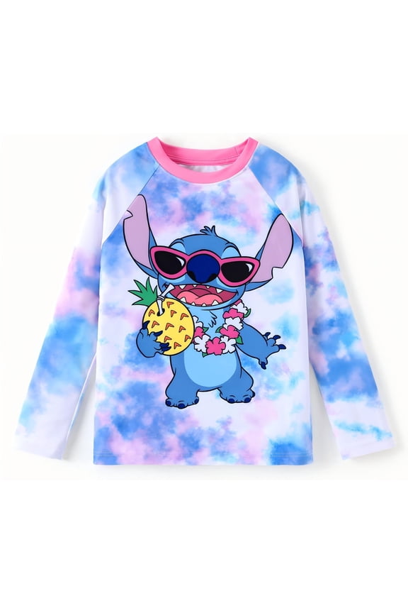 Disney Stitch Girls/Boys UPF 50+ Rash Guard Swimsuit Quick Dry Surf Swim Shirts Long Sleeve Graphic Swim Top Kids 2–9Y