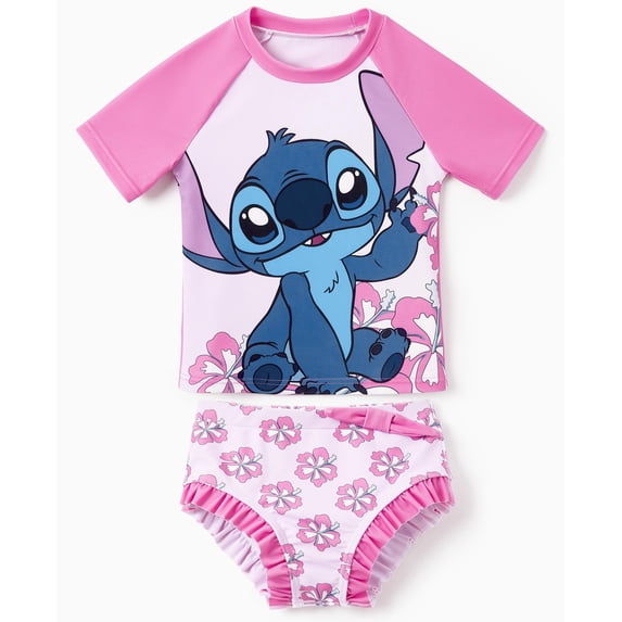 Disney Lilo & Stitch Girls Rash Guard Swimsuit Top and Ruffle Bikini Bottom Set for Kids 2–9Y