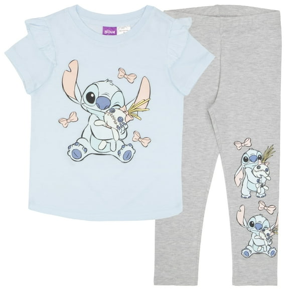 Disney Lilo & Stitch Girls Ruffle Sleeve T-Shirt & Leggings - Stitch and Scrump - 2-Piece Bundle Set for Kids (Sizes 2T-6X)