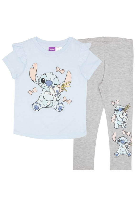 Lilo & Stitch Girls Ruffle Sleeve T-Shirt & Leggings - Stitch and Scrump - 2-Piece Bundle Set for Kids (Sizes 2T-6X)